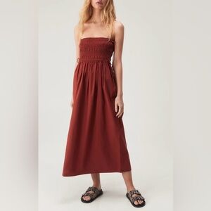 Nasty Gal Strapless Cotton Midi Dress in Rust